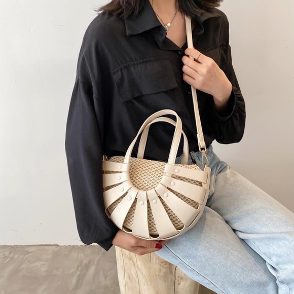 Bags Last One Beige Vegan Leather Rattan Semi Circle Crossbody Bag